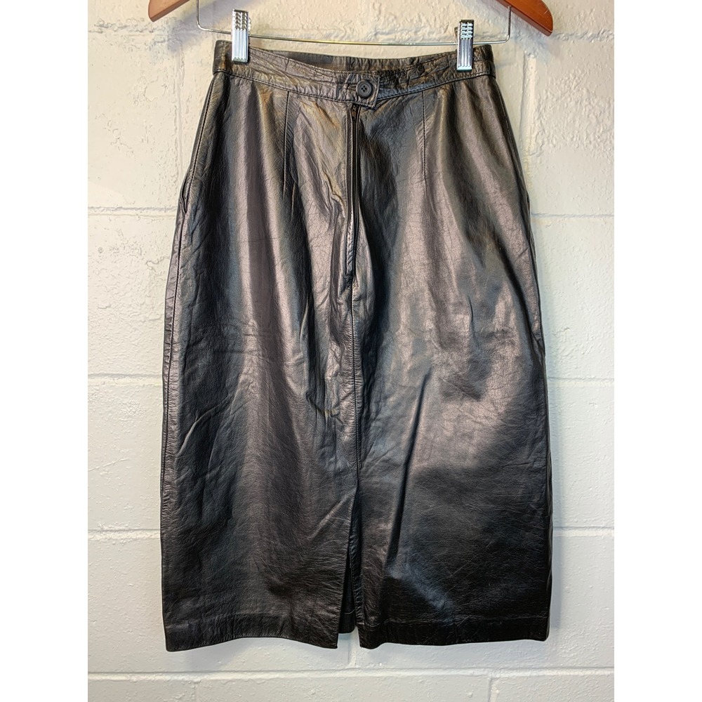 Vintage Whimsigoth Black Leather Midi Pencil Skirt High Waisted Womens 25/XS - Picture 2 of 6